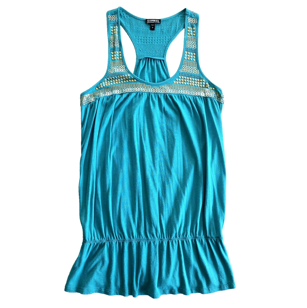 Express Top Womens M Teal Gold Metallic Sequins Embellished Tank Boho Retro Y2K